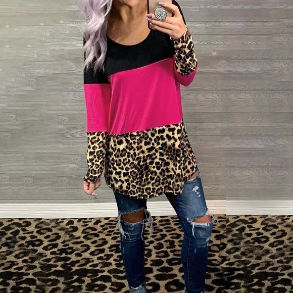 Tops - Leopard Pink Black Colorblock Shirt